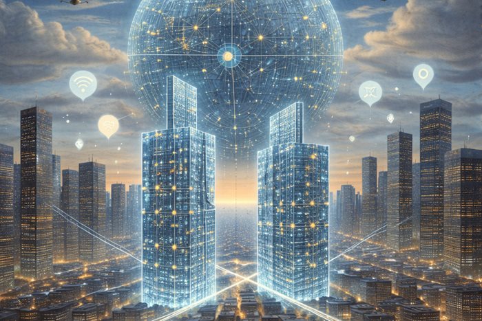 Immagine che raffigura una città contemporanea al crepuscolo vista dall’alto. Due grattacieli centrali appaiono come gemelli digitali luminosi, traslu