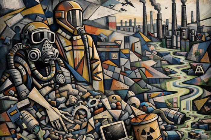 Illustrazione in stile cubista che rappresenta un paesaggio industriale inquinato: in primo piano due figure con tute protettive e maschere antigas, c
