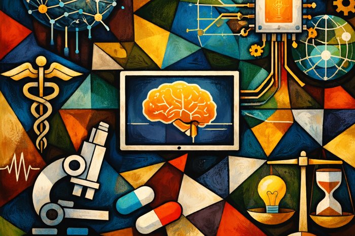 Illustrazione in stile cubista, con forme geometriche frammentate e colori intensi (blu, ocra, verde, rosso), dedicata al tema dell’intelligenza artif